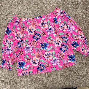 Lilly Pulitzer Lessa Off‎ The Shoulder Top Women Size Large Pink Floral Cotton